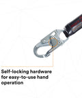 Close-up of Protecta Rebel Self Retracting Lifeline 6 Foot Polyester Web With Steel Snap Hook And Carabiner in black and red.