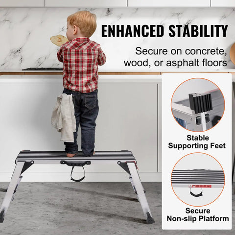 Child standing on Beast Mode Foldable Aluminum Work Platform Drywall Stool Ladder with non-slip base in kitchen.