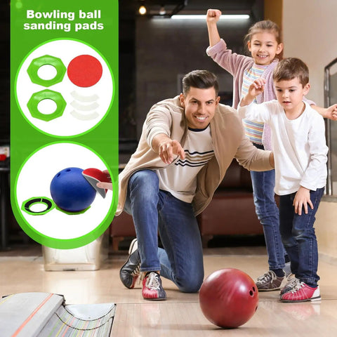 Straight Up Top Tier Bowling Ball Sanding Pad Holder Two Pack Ergonomic Polymer Stand with child, man, and bowling ball.