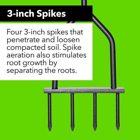Beefy Spike Lawn Aerator Tool With 37 Inch Handle, showing four 3-inch metal spikes for soil aeration on a green background.