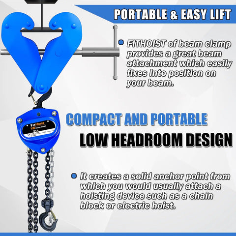 Built Like A Tank 4400 Lbs I Beam Clamp For Rigging Heavy Duty Steel Lifting Clamp with blue attachment for hoisting.