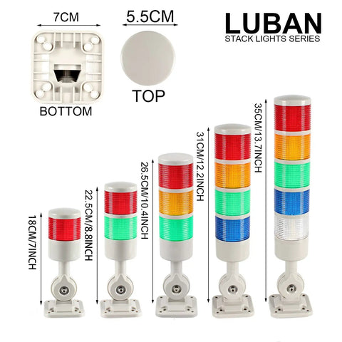 Heavy Duty Five Tier Signal Tower Stack Lights With Rotatable Base And Built In Sounder Alarm steady flashing options for busy manufacturing floors shown in varying heights.