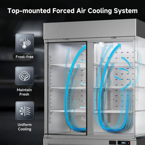 Top-mounted forced air cooling system inside Heavy Duty 49 Cu Ft Commercial Reach In Fridge With WiFi App Controls.