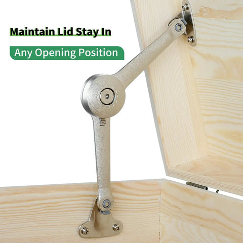 Heavy Duty Lid Support Hinge With Soft Close For Toy Boxes And Cabinets, Kitchen Lids And Wardrobes, 40 Lb Capacity, Zinc Alloy Satin Nickel Finish installed on wooden box