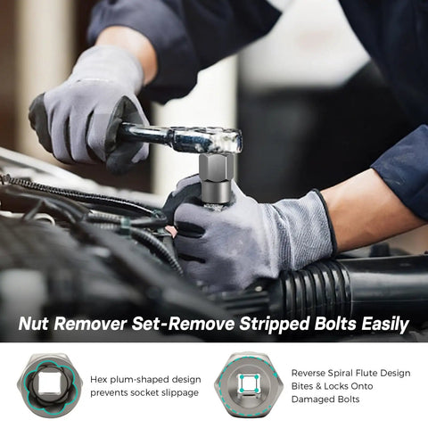 Mechanic using Bolt Extractor Kit And Screw Extractor Set With 40 Left Hand Heavy Duty Cobalt Drill Bits on a rusted bolt.