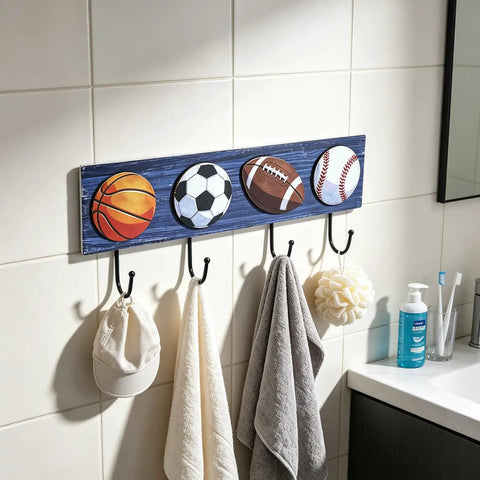 Hang Your Game Day Gear On This Slick Sturdy Four Hook Wooden Wall Rack Built For Displaying Baseball Basketball Football Jerseys And Athletic Room Storage, featuring sports ball designs.