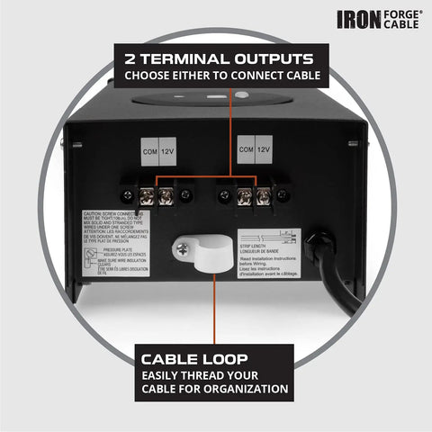 Back view of 200 Watt Low Voltage Landscape Lighting Transformer with two terminal outputs and cable loop