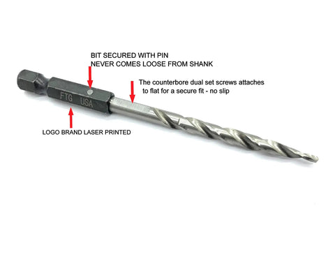 Pro Shop Ready Number 4 Adjustable Tapered Wood Countersink Drill Bit forged from HSS M2 steel with locked pin shank.