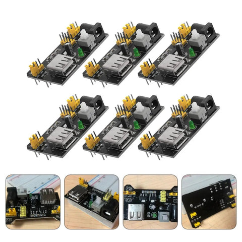Breadboard Power Supply Module 6.5-12V Input, 3.3V And 5V DC Output, Mb102 Compatible, 6-Pack Portable Design, Ideal For Industry, Lab, School, Makers, And DIY Prototyping. Six black PCB breadboard power modules with USB, barrel jack, and pin headers.