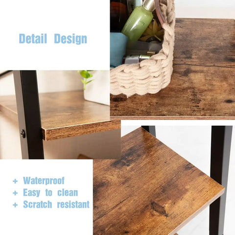 Detail of Industrial Style Four Tier Floor Bookshelf And Plant Stand With Dope Space Saving Trapezoid Design In Brown