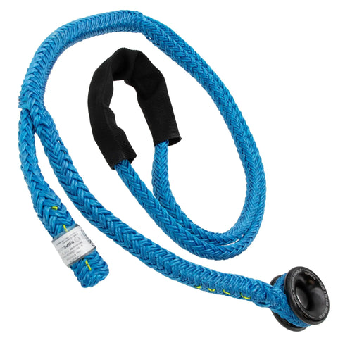 Top Shelf One Half Inch Whoopie Sling Adjustable 3 To 5 Feet Tough As Nails Twelve Strand Tenex Tree Rigging Rope in blue with spliced ring.