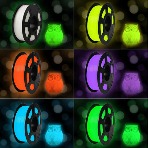 Sick Glow In The Dark PLA Filament For 3D Printing 1kg Spool Blue Hue Phosphorescent Blend in various colors with glowing owl figurines