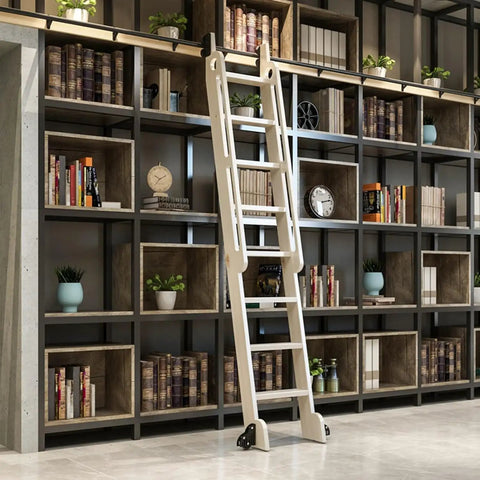 Library with shelves and a ladder for Heavy Duty Sliding Library Track Kit 20 Foot With Floor Roller Wheels No Ladder Plug And Play Setup Includes Track Ground Wheels Pulleys Seals Stops And All Screws For Quick Install