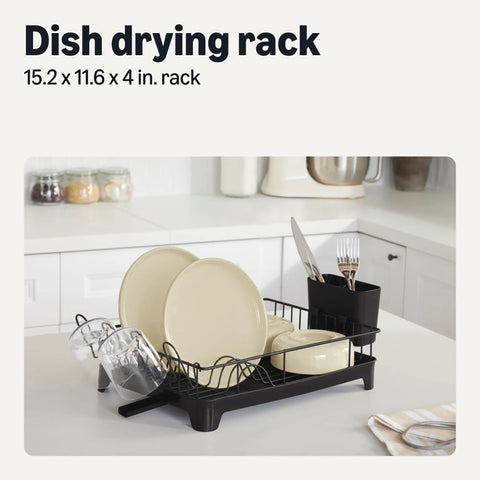Sleek Stainless Steel Dish Drying Rack Kitchen Counter Organizer Rust Resistant Space Saver With Drain Board Rotatable Spout Easy Peasy Cleanup Fits 10 Pieces For Your Nifty Spot Black with plates and glasses.
