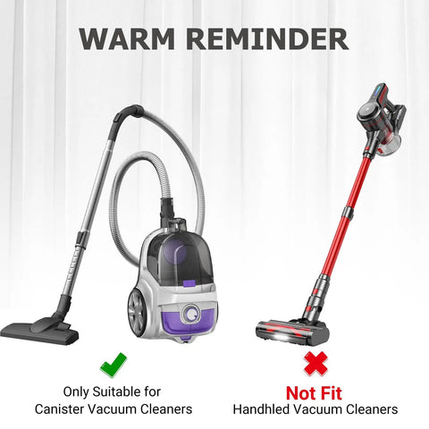 Diagram showing vacuum compatibility; Universal 1.25 Inch 32mm Vacuum Cleaner Brush Head suitable for canister, not handheld vacuums