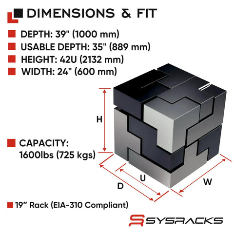 Dimensions diagram of 42U Floor Standing Server Rack Cabinet With Vented Glass Door Built Like A Tank, showing size and capacity.