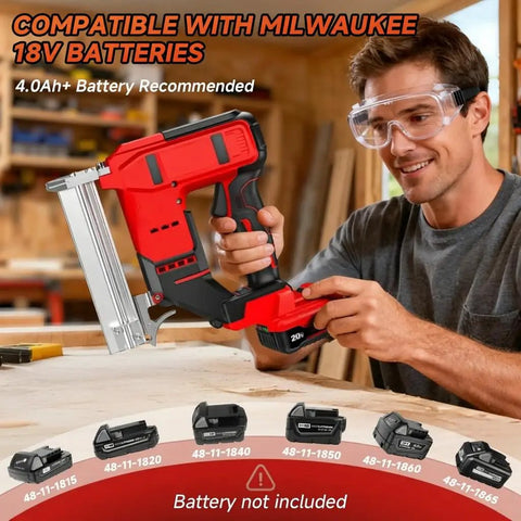 Heavy Duty 2 In 1 Cordless Brad Nailer And Stapler in use, compatible with Milwaukee 18V batteries, ideal for woodworking.