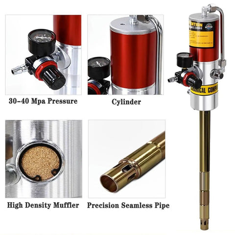 Heavy Duty Pneumatic Grease Pump With 16Ft High Pressure Braided Hose Plus Quick Connect Drum Plate For 55Gallon Barrels close-up of cylinder and pressure gauge.