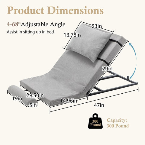 Premium Electric Adjustable Lift Bed Backrest With Mattress And Pillow For Ultimate Lounge Comfort Reclines 68 Degrees shown with dimensions and capacity details.