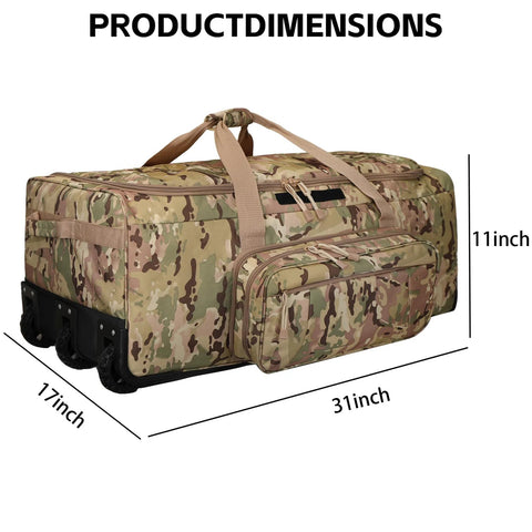 heavy duty rolling duffle bag with camouflage design and three wheels