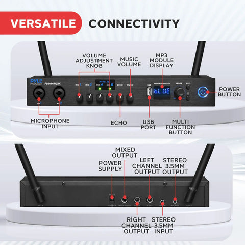 Front and back panel of Digital Wireless Microphone System With Bluetooth showing input, output, and control options.