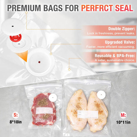 Compact Handheld Vacuum Sealer For Food With 30 Reusable Bags, BPA-free bags shown, with meat sealed inside, clear view of zipper and valve