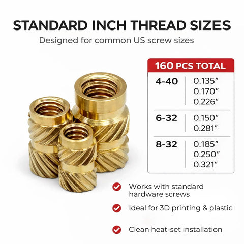 Heat Set Brass Threaded Inserts for Plastic Kit, 160Pcs, 4-40 6-32 8-32 Inch, product details and specifications chart.