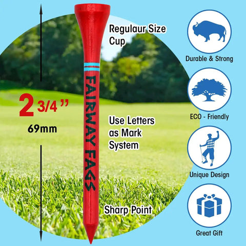 Eco Friendly Golf Tee Caddy Box With 20 Two And Three Quarters Inch Wooden Tees, red tee with measurement details