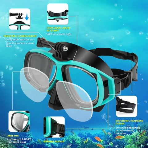 Myopia Friendly Snorkeling Set For Adults And Youth With Dry Top Silicone Mask, Anti Fog 180 Degree View, Camera Mount Highlight