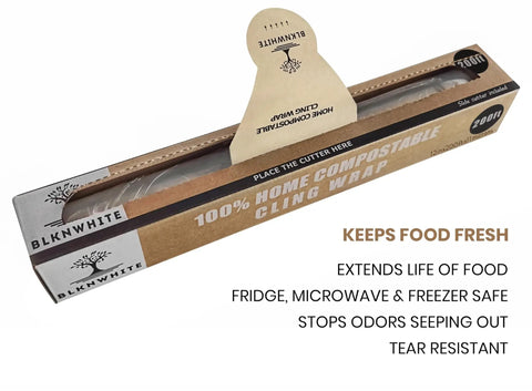 Compostable Cling Wrap With Quick Slide Cutter 12 Inches Wide By 200 Feet Long in packaging, eco-friendly kitchen film.