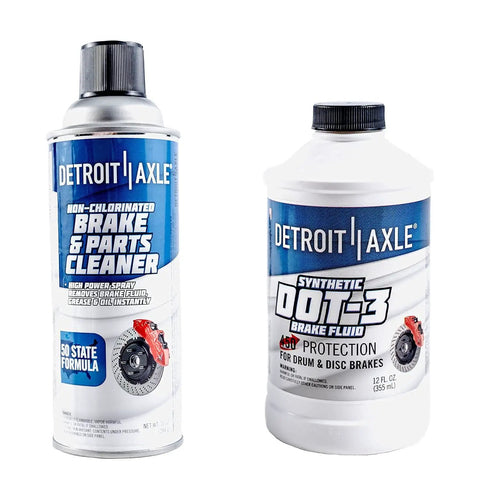 Detroit Axle brake cleaner and DOT-3 brake fluid bottles for car maintenance