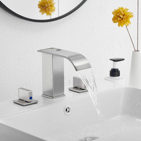 Brushed Nickel Widespread Bathroom Faucet With 3 Holes And 2 Handles Dope Modern Waterfall Sink Faucet With Pop Up Drain Deck Mounted