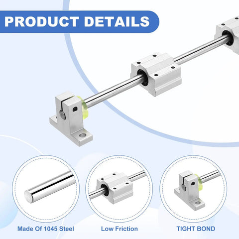 8mm By 350mm Linear Motion Rod Shaft Guide Kit with 2 SC8UU Ball Bearings and 2 SK8 Aluminum Rail Supports, chrome plated