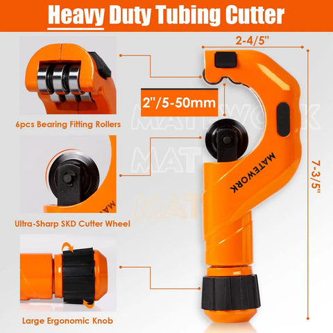 Heavy duty tubing cutter with 6 bearing rollers and ergonomic knob, part of Fast Tubing Cutter Set With Mini Cutter And Deburring Tool For Quick Cuts On Three Sixteenths To Two Inches Aluminum Copper PVC Stainless Steel Tubes Perfect For Plumbers And Home DIY Projects