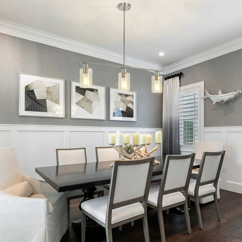 Dining room with Three Light Pendant With Clear Glass Shades In Brushed Nickel For Kitchen Island And Dining Room Dope Modern Farmhouse Chandelier.