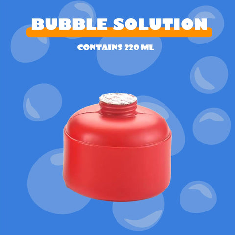 Red bubble solution container holds 220ml for the Automatic Fire Extinguisher Bubble Blower Machine With 220ml Solution For Kids Indoor And Outdoor Play Totally Rad Summer Party Birthday Gift Squad Approved.