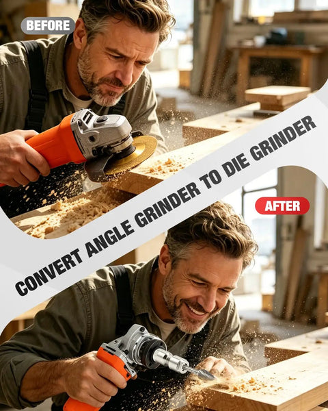 Man converting angle grinder to die grinder using Angle Grinder To Die Grinder Adapter Kit Plug And Play with wood carving.