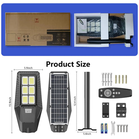 Solar Street Light Outdoor 300W Two Pack 25000 Lumens IP66 Waterproof Flood Light with Dusk to Dawn Motion Sensor package contents
