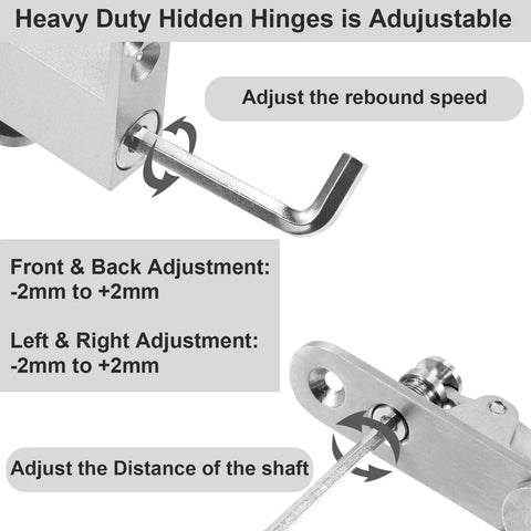 Self Closing Door Pivot Hinges For Wood Doors, Heavy Duty 360 Degree Stainless Steel Hidden Hinge System showing adjustments