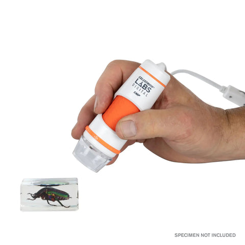Handheld 5MP digital microscope in hand, 5MP Handheld Digital Microscope With 20X To 200X Magnification And True IR Cut Lens For Clear Detail On Coins, Circuits, Textiles, Insects And More, High Resolution Images And VGA Video.