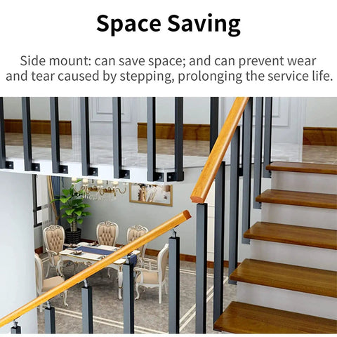 Rock Solid Black Metal Railing Pillar Featuring 270 Degree Pivot Mount Bracket with wooden handrail in stairway setting.
