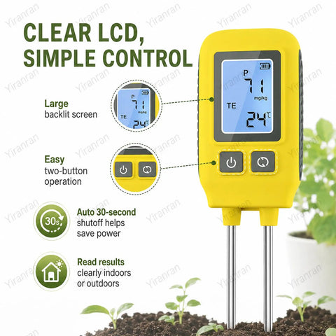 4 In 1 NPK Soil Tester With Real Time Readings, Temperature And LCD Backlit Display, showing controls and LCD screen.