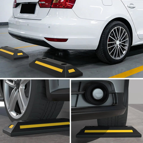 2 Pack Rubber Parking Blocks With Reflective Stripes Heavy Duty Garage Wheel Stoppers installed behind car tires