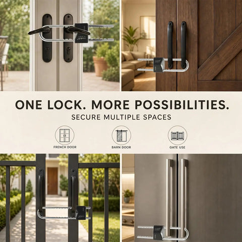 Premium French Door Security Brace With Adjustable Steel Kickstop And Keyed U Bars on various door types including french and barn doors.