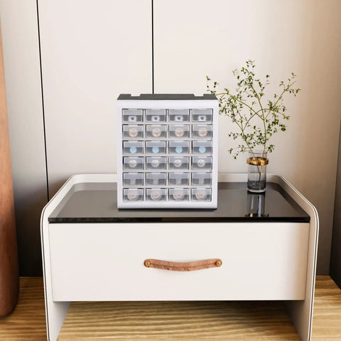 24 Drawer Plastic Parts Cabinet Organizer for Tools and Hardware on table, featuring polypropylene drawers for small parts storage