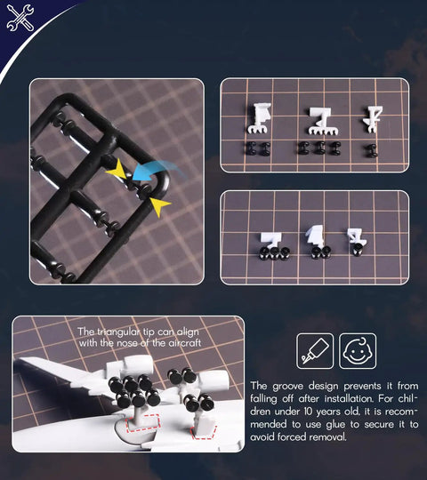 Close-up details of 1/400 Scale Airbus A380 Model With Detachable Landing Gear And Display Stand components