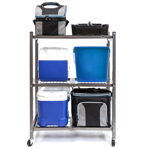 Three Tier Foldable Storage Shelf On Wheels, Heavy Duty Rolling Rack, Pewter Finish, holding storage containers