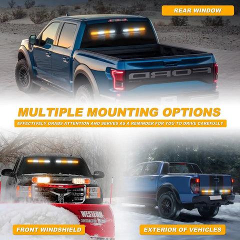 Heavy Duty 2 In 1 Emergency Strobe Light Bar With Hella Bright Amber And White Warning Beacon mounted on rear window of blue truck