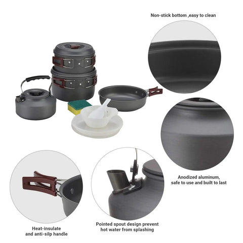 Ultra Light Camping Cookware Mess Kit with Lightweight Aluminum Pots, Pans, Kettle, BPA-Free Bowls and Plates for Outdoors