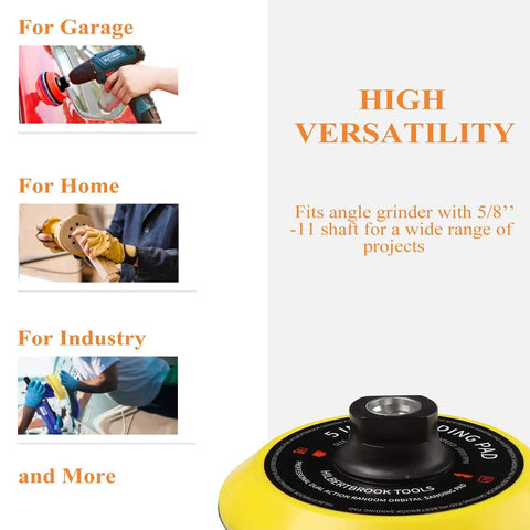 Uses of 5 Inch Hook And Loop Backing Pad For Grinder With 5 By 8 By 11 Threads, sanding pad versatility displayed on the page.